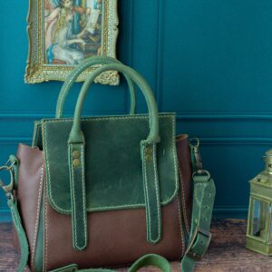 Sac à main vintage en cuir marron et vert