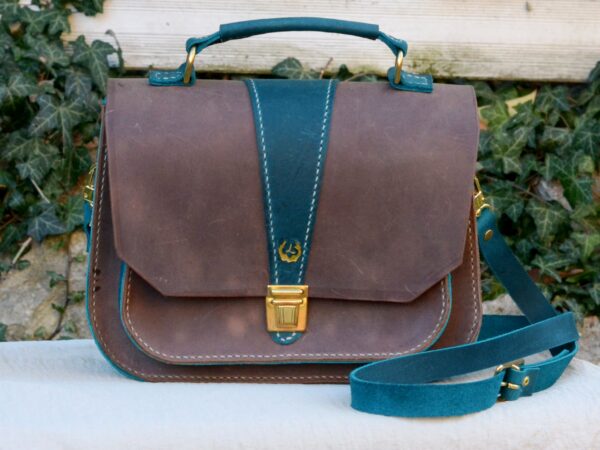 Sac cartable rétro en cuir bleu et marron